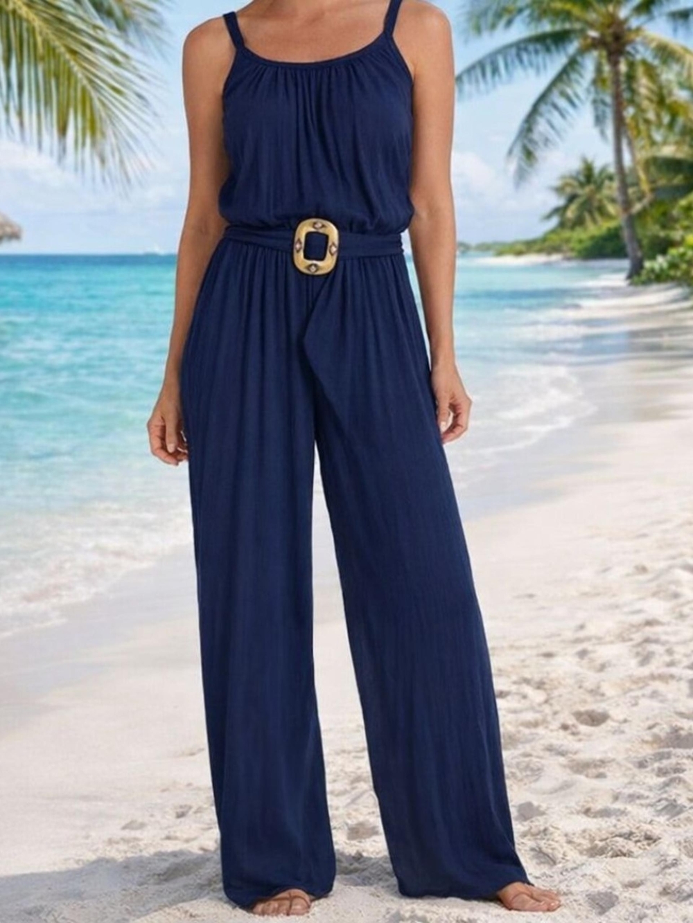Soft Surroundings Navy Rayon Casual Gauze Jumpsuit With Decorative Belt
